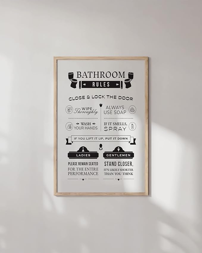 HAUS AND HUES Funny Bathroom Wall Art – Toilet Rules Poster, Humorous Restroom Sign, Playful Washroom Design (24x36, Beige Frame)