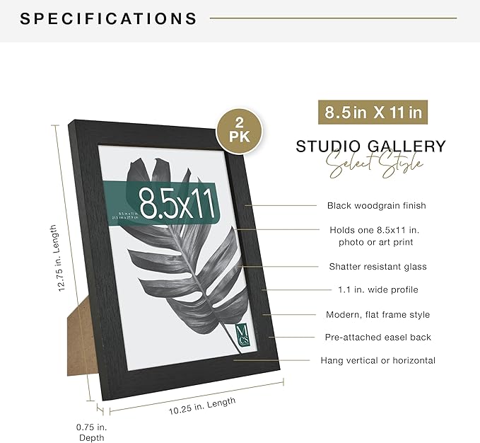 MCS Studio Gallery 8.5x11 Picture Frame Black Woodgrain Engineered Wood, Rectangle Photo Frame for Photos, Posters & Art Prints & Easel for Tapletop Display (2-Pack)