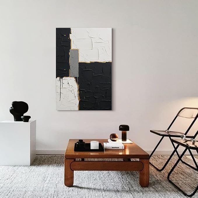Minimalist Abstract Black & White Geometric Canvas Wall Art for Living Room | Modern Hand-Painted Textured Oil Painting Artwork for Bedroom Hallway, Large Original Wall Decor for Home Decor Gifts 24x36"