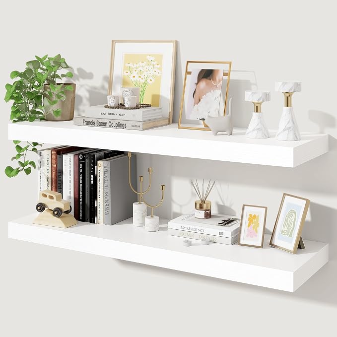 Axeman 36Inch Floating Shelves for Wall, 2 Pack Shelves for Bedroom, Bathroom, Kitchen, Hanging Wall Mounted Rustic Wood Shelf with Invisible Brackets for Books Decor, White