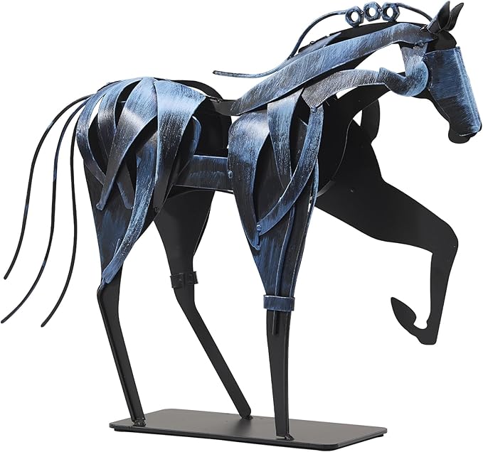 SunBlogs Art Metal Horse Statue Décor, Handmade & Hand-Painted Modern Western Horse Decoration, Rustic Iron Sculpture Gifts for Home Office for Horse Lovers (Vintage Blue)