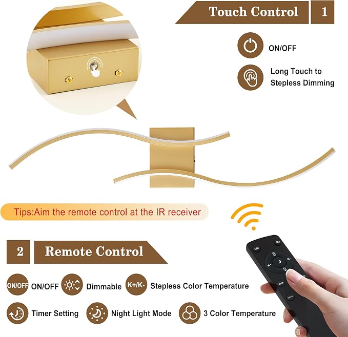 KARTOOSH Battery Operated Wall Sconce with Remote Control, Stepless Colors 3000K-6000K & Dimming, LED Gold Wireless Wall Light for Living Room, Hallway, Bedroom, 27.5 Inch (1 Pack)
