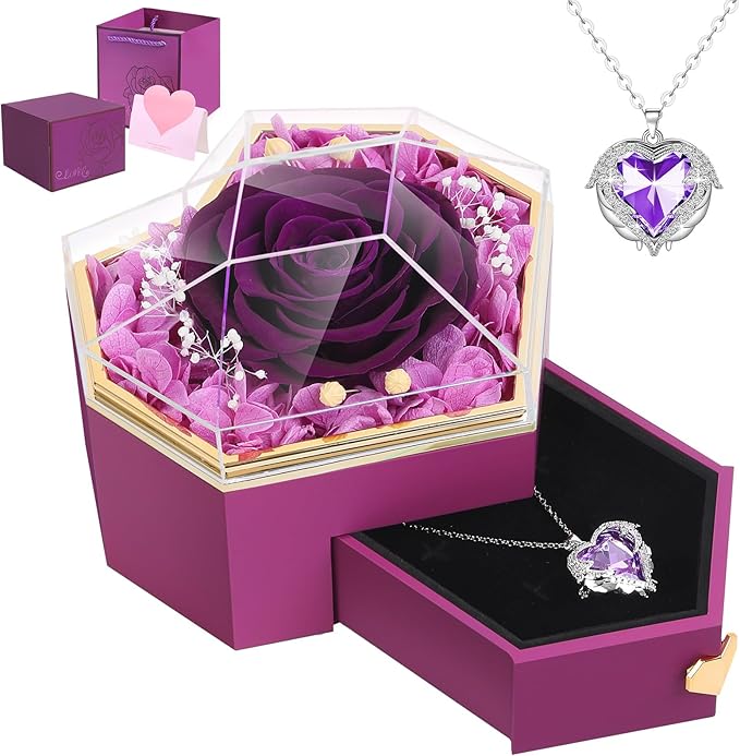 Preserved Real Rose with Necklace Forever Flowers Diamond shaped Box for Mom Wife Girlfriend Grandma on Mothers Day Birthday Valentines Christmas Anniversary Beatiful Gifts for women (Purple)