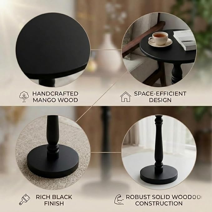 Relso Stambha Solid Wood Drink Table - 24" Tall Round Accent Side Table, Handcrafted Black Finish, Mango Wood, Perfect for Living Room, Bedroom or Indoor Plant Stand, 12" Compact Top