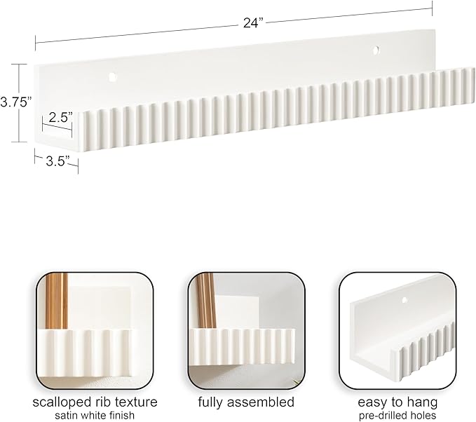 Kate and Laurel Furrow Modern Wood Photo Display Ledges; Set of 2; 24 Inches; White; Scalloped Floating Picture Ledge Shelf Set with Lip for Use as Nursery Book Shelves or Gallery Wall Decor