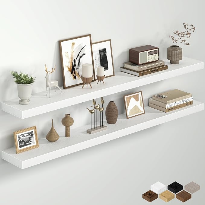 Fun Memories 55 Inch Floating Shelves for Wall, 8 Inch Deep Rustic Wood Wall Mounted Shelves with Invisible Brackets for Bathroom, Bedroom, Kitchen & Living Room Storage Decor, White, 2 Pack