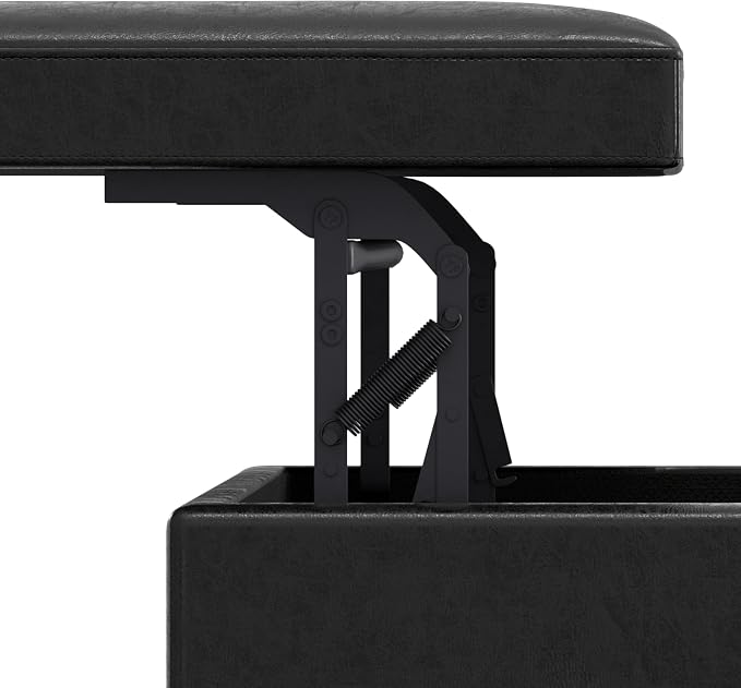SIMPLIHOME Owen Lift Top Coffee Table Storage Ottoman - 42 inch Wide Upholstered Vegan Leather Rectangular Lift-Top Ottoman in Distressed Black, Mid-Century Modern Ottoman for Living Room