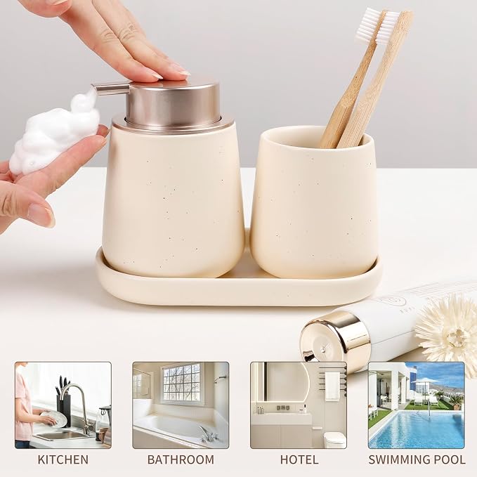 BosilunLife Ceramic Bathroom Accessories Set 3 Pcs, Foaming Soap Dispenser and Toothbrush Holder with Tray, Modern Farmhouse Vanity Decor, Apricot Housewarming Gift