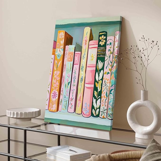 Book Wall Art Vintage Flower Books Canvas Wall Decor Pastel Bookshelf Artwork Painting Pictures Colorful Book Stack Posters Prints for Living Room Bedroom Reading Nook 12x16 Inch Framed