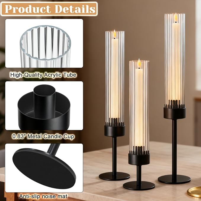 Metal & Acrylic Taper Candle Holders Set of 3 with Ribbed Design - Hurricane Clear Cylinder Candelabra for Wedding, Christmas, Party, Dining Table Centerpiece Decor (Black, Set of 3)