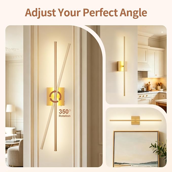KARTOOSH 28.3 Inch Wall Sconces Battery Operated for Living Room Gold | Rechargeable Wireless Wall Lamp Set of 2, 3000K Warm White Dimmable Wall Light Remote Control Indoor Lighting for Bedroom