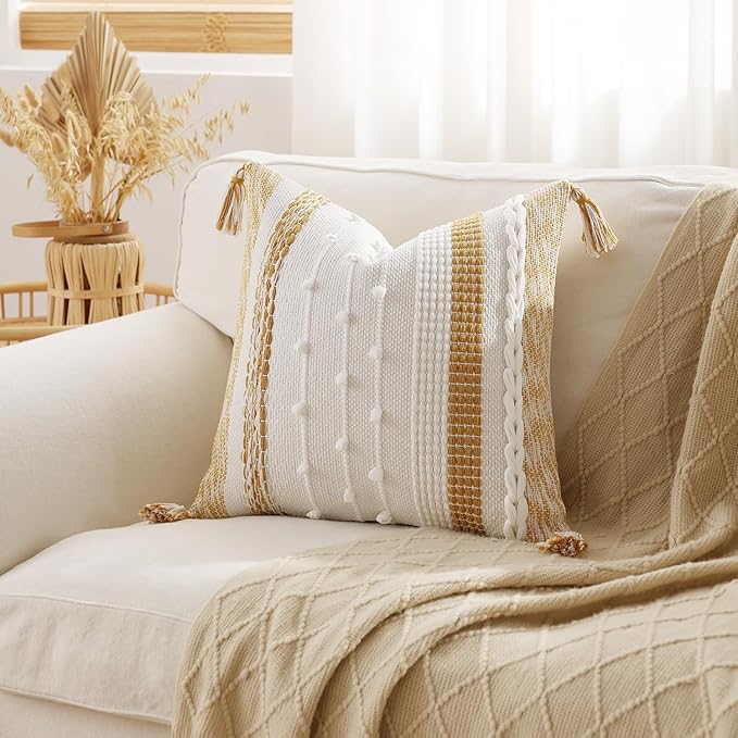 DEZENE Boho Pillow Cover 18x18 Mustard Yellow - Handmade Woven Textured Throw Pillow Case with Cordings & Tassels, Decorative Accent for Couch Sofa Bed Farmhouse Living Room Bedroom Home Decor