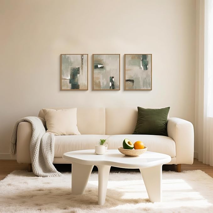 BICERE Abstract Green Brown Framed Canvas Wall Art,Modern Brush Stoke Wall Decor,Neutral Beige Grey Painting,Rustic Minimalist Artwork for Living Room,Bedroom,Dining Room,Office -12"x16"x3
