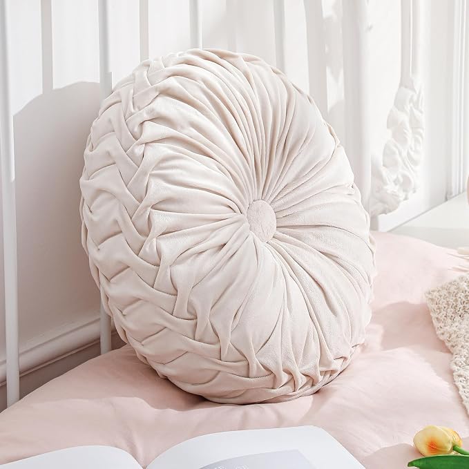 Drydiet 1 Pcs Round Throw Velvet Pillows Decorative Pleated Throw Pillows Diameter Accent Pumpkin Boho Chair Cushion for Couch Sofa Home Decoration (Beige,15'')