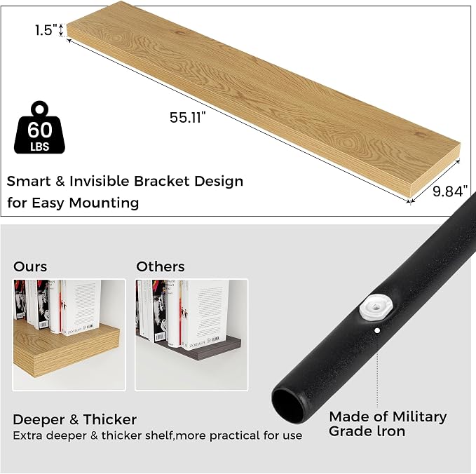 Venusmiles Floating Shelves for Wall 55 inch Long, Engineered Wood Large Wall Shelves with Invisible Brackets for Living Room Bedroom Bathroom Office Kitchen Decor and Storage, Oak Finish, Set of 1