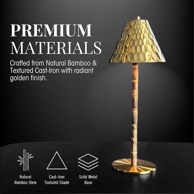Bamboo Cordless LED Table Lamp – Rechargeable 24-Hour Battery, Dimmable Warm Light, 15" Portable Wireless Lamp with Remote for Indoor/Outdoor Use, Home, Patio, Restaurant – Textured Gold
