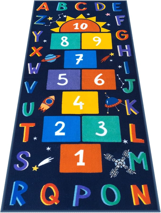 STARUIA Washable Hopscotch Kids Rugs for Playroom, Colorful Educational Classroom Rug with ABC Number, Non Slip Boy Kids Play Mat Rug Space Game Carpet for Bedroom Daycare（Dark Blue, 31.5''x72''）