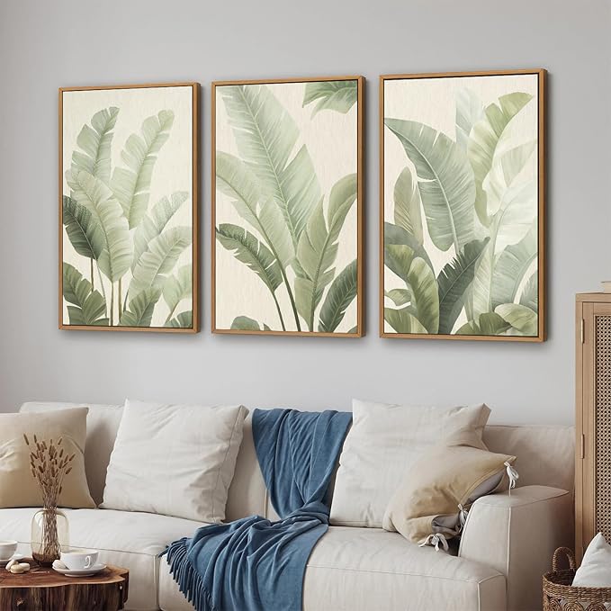 Rantodecor Sage Green Framed Canvas Wall Art, Minimalist Tropical Leaf Wall Decor, Boho Beige Nature Leaf Art Paintings, Bohemian Triple Panel Plant Artwork for Bedroom Living Room Office 24"x36"x3
