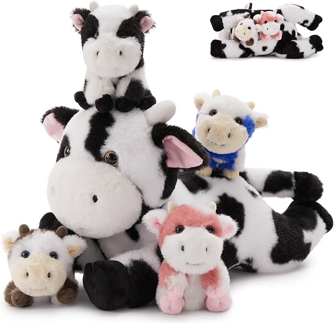 MorisMos 5Pcs Cow Stuffed Animals, 16inch Mommy Cow with 4 Babies, Soft Stuffed Cows Plush Gift Kids, Boys, Girls
