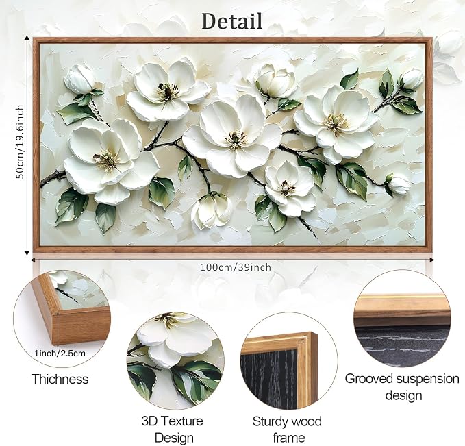 CHDITB 3D White Magnolia Floral Impasto Relief Textured Framed Canvas Wall Art Set, Neutral Beige Minimalist Wall Decor, Modern Texture Art Prints for Living Room Hallway Bedroom Home Decor 40"x20"