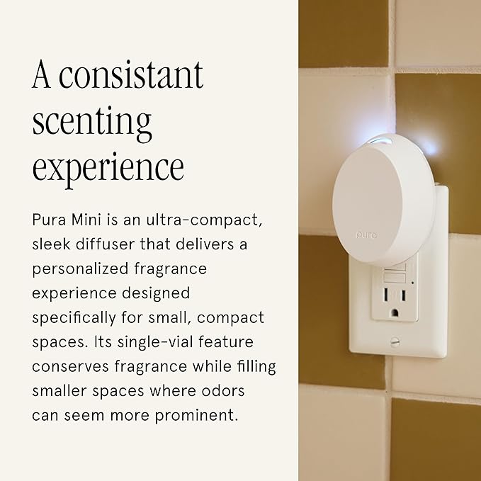 Pura Mini Smart Fragrance Diffuser for Small Spaces Adjustable Smart Home Device with LED Light & Automatic Vial Detection - Includes 1 Scent Refill - Lemon
