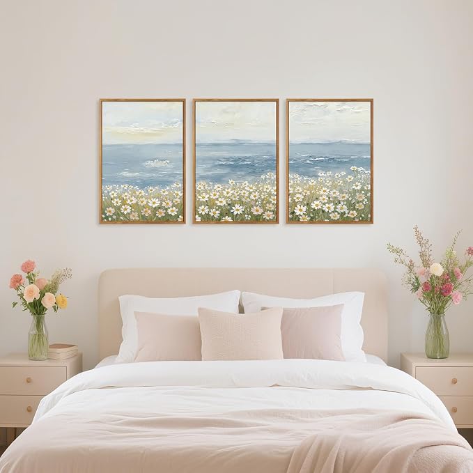 TOARTi Large Framed Coastal Wildflower Canvas Wall Art Set,Watercolor Beach Daisy Flower Ocean Wall Decor,Nature Seaside Landscapes Art Prints for Farmhouse Home Living Room Bedroom Office-16”x24”x3