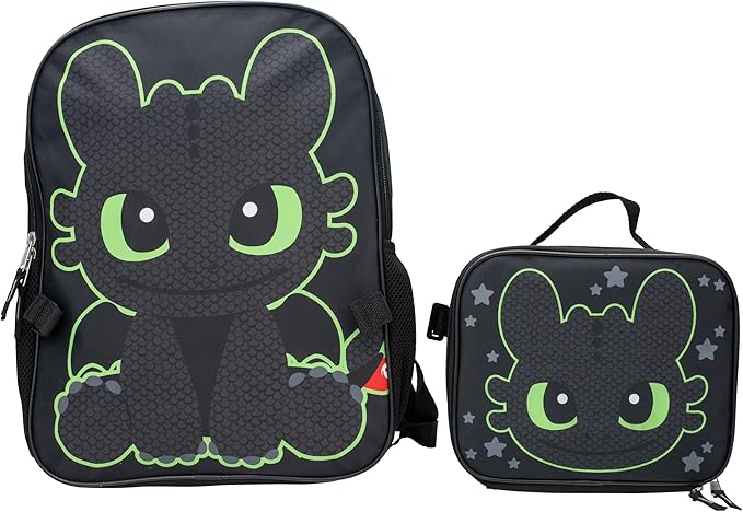 AI ACCESSORY INNOVATIONS How to Train Your Dragon Toothless Backpack and Lunch Box Set, 16 inch School Bag, Black