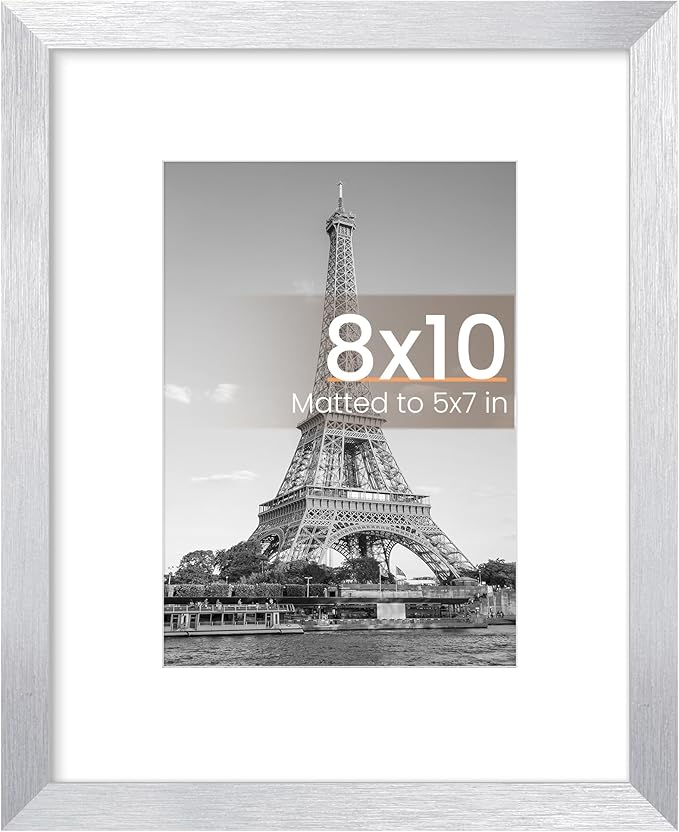 upsimples 8x10 Picture Frame, Display Pictures 5x7 with Mat or 8 x 10 Without, Wall Hanging Photo Frames, Silver, 1 Pack