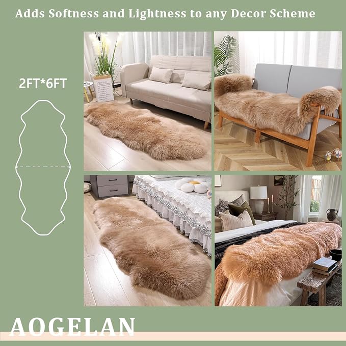 Fluffy Patchwork Sheepskin Rug with Little Patches, Fuzzy Shaggy Fur Genuine Wool Area Carpet for Bedroom Living Room Floor, Pray Pup Mat, Chair Sofa Seat Cover, Light Brown, 2' x 6'