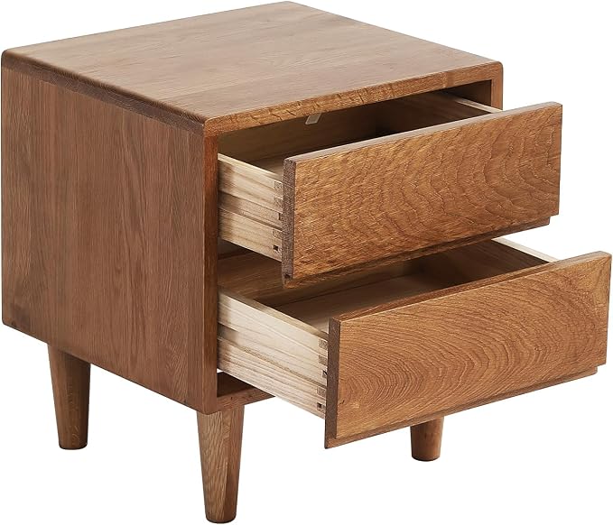 Solid Oak Wood Nightstand, Bedside Table with 2 Drawer, Mid-Century Luxury Night Stand, Modern Sofa Side End Table, Farmhouse Wooden Night Stand Bedside Table for Bedroom, Easy Assembly, Light Walnut
