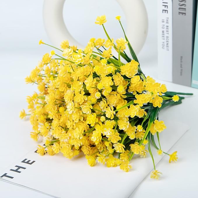 Ouddy Decor 12 Bundles Artificial Flowers for Outdoors UV Resistant Fake Plastic Plants Faux Greenery Stems for Spring Summer Indoor Garden Patio Window Box Kitchen Home Decor, Yellow