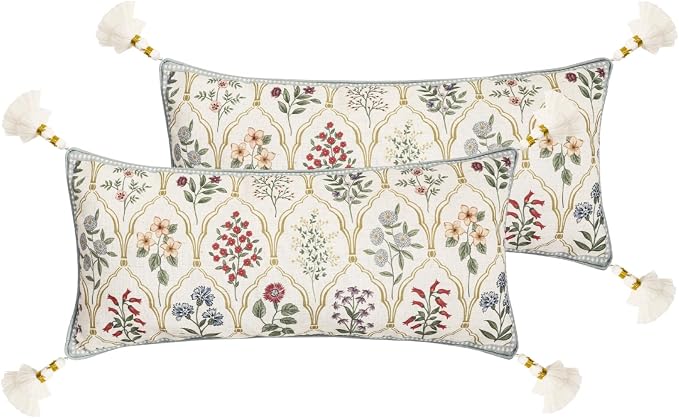 ISAENNE Designer Linen Throw Pillow Cover,Set of 2,28"x12"-Serenity B | French Elegant Rectangle Decor Pillow Cover,Concealed Zipper Design,Colorful Floral Pattern,Sofa,Bedroom,Living Room,Chair
