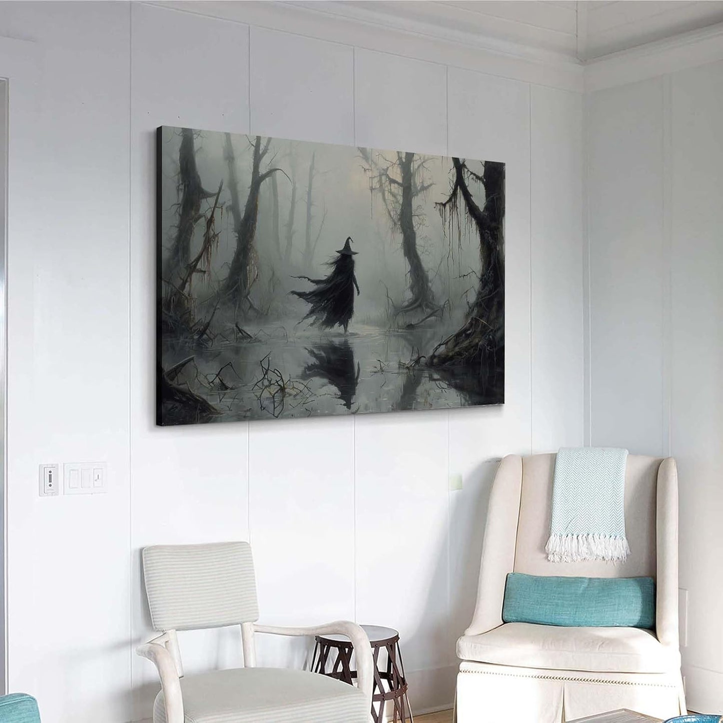 Vintage rustic swamp witch poster dark moody wall art gothic horror season halloween print for home decor retro dark moody painting20x30in Wood Framed