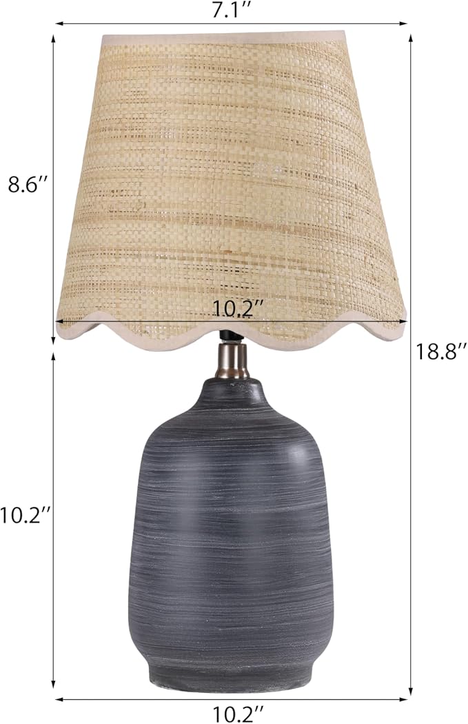 Pia Ricco 19" Modern Ceramic Table Lamp for Living Room Cream Base Desk Lamps for Bedroom Farmhouse Bedside Nightstand Lamp End Table Lamps,White Striped Black Base,Rattan Shade