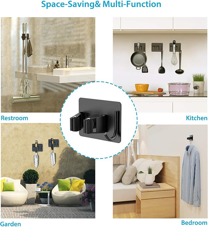 homeasy Mop Broom Holder No Drill, Mop Broom Organizer Wall Mounted Heavy Duty with Hooks Hanger, Self Adhesive Stainless Steel 6Pcs for Bathroom, Kitchen, Office (Black)