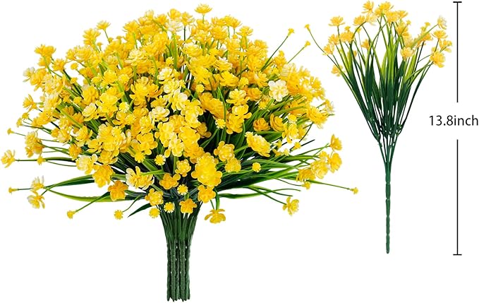 Ouddy Decor 12 Bundles Artificial Flowers for Outdoors UV Resistant Fake Plastic Plants Faux Greenery Stems for Spring Summer Indoor Garden Patio Window Box Kitchen Home Decor, Yellow