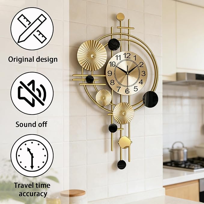 Large Wall Clocks for Living Room,Silent Non Ticking,Battery Operated Oversized Round Modern Wall Clock for Bedroom,Farmhouse,Office Wall Decor-17.8x30.7Inch(Golden)