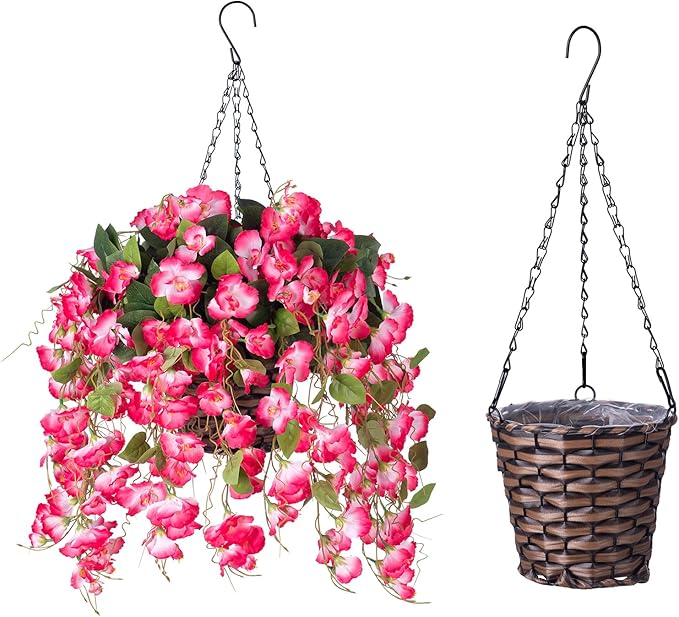 Artificial Fake Hanging Hibiscus Flowers Plants Baskets for Outdoor Decoration, Faux Silk Hibiscus Long Vines in Planter UV Resistant Realistic Flowers for Outside Porch Patio Home Decor, Pink