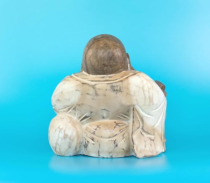 G6 Collection 8" Wooden Whitewashed Laughing Happy Buddha Statue Hand Carved Smiling Sitting Sculpture Handmade Figurine Decoration Home Decor Accent Handcrafted Art Happy Buddha (White Washed)