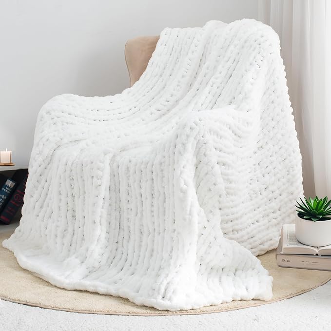 Chunky Knit Throw Blanket 50x60, 100% Handmade Chenille Yarn | 4.4lbs Soft Thick Cable Knitted Blankets, Large Rope Knot Crochet Throws for Couch Sofa Bed Machine Washable, Snow White