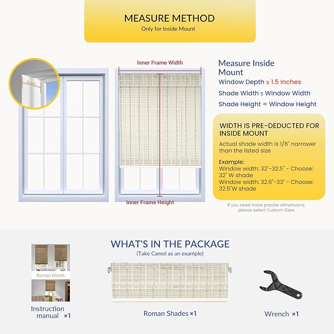 No Drill No Tools Bamboo Roman Shades, Cordless Light Filtering Window Blinds with Valance, Natural Woven Wood Shades for Living Room Dining Room, White（Sheer-View）, 35" W x 64" H