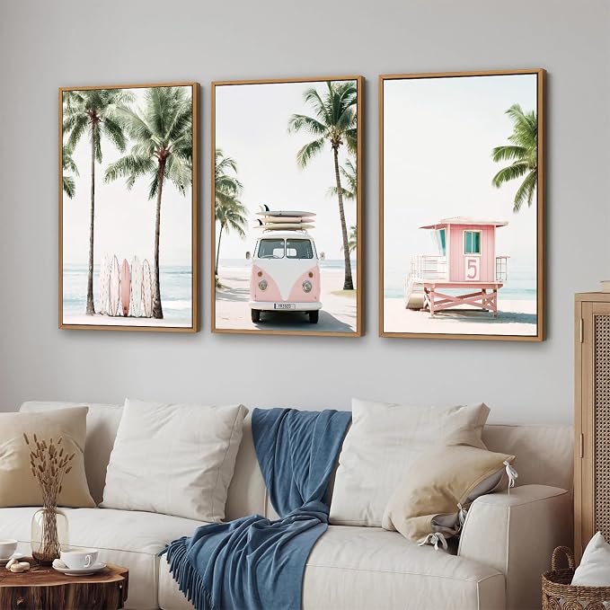 KYLESONLIE Tropical Beach Themed Framed Canvas Wall Art, Pastel Girly Surfboard Wall Decor, Relaxing Hawaii Palm Tree Posters, Coastal Beachy Art Paintings for Girls Bedroom Living Room Dorm 16"x24"x3