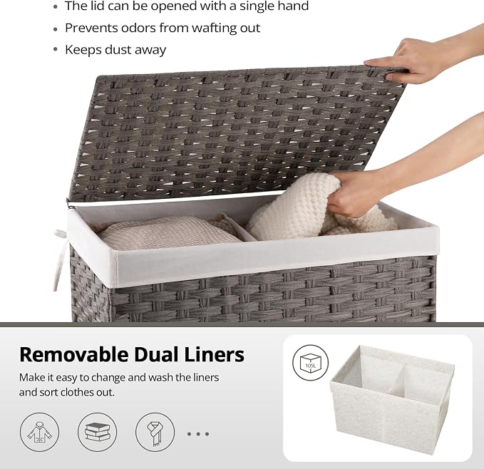 OIAHOMY Storage Basket with Lid, 27.7 Gallon (105L) Blanket Basket with Removable Liner Bag, Synthetic Wicker Hamper with Handle, Large Hamper for Bedroom, Grey