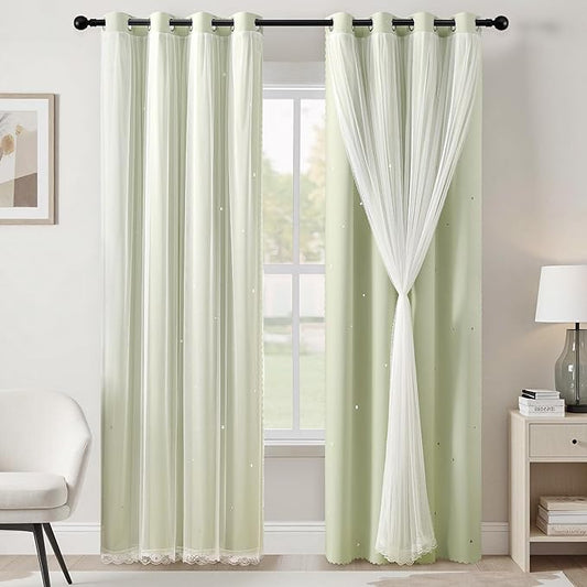 XiDi Sage Green Blackout Curtains for Bedroom Living Room 84 Inches Long Room Darkening Thermal Insulated Drapes Window Treatment Grommet Top Light Blocking Star Curtains for Kids Boys 2 Panels 52x84