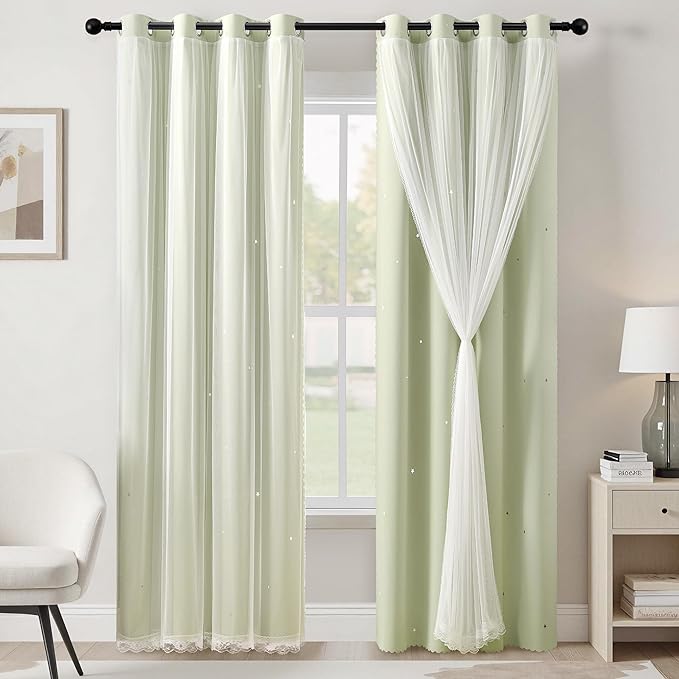 XiDi Sage Green Blackout Curtains for Bedroom Living Room 84 Inches Long Room Darkening Thermal Insulated Drapes Window Treatment Grommet Top Light Blocking Star Curtains for Kids Boys 2 Panels 34x84