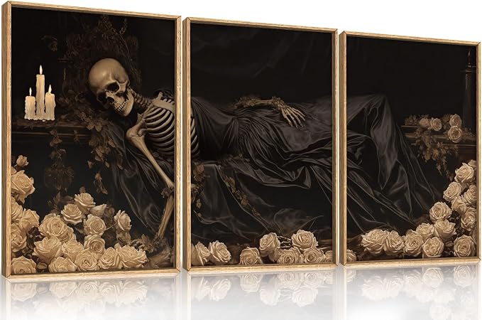 Spooky Halloween Dark Gothic Skull Framed Canvas Wall Art Set,Vintage Skeleton Wall Decor,Moody White Roses Candle with Silk Drape Artwork for Living Room,Bedroom,Farmhouse-16 x24 x3