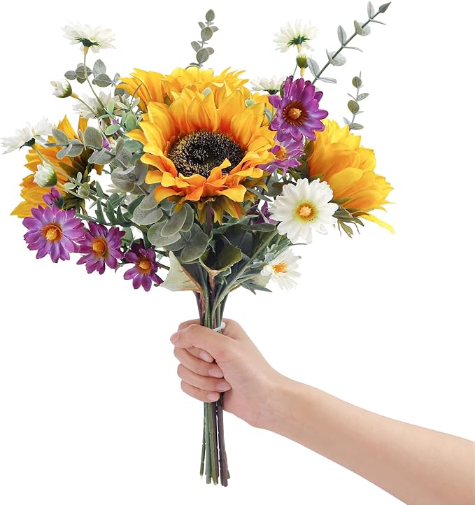 CEWOR Artificial Sunflowers Fake Cemetery Flowers for Grave Bouquet with Sunflowers for Bridal Bouquets Wedding Centerpieces Decor Party Table Gravesites Fall Floral Arrangements Home Decoration