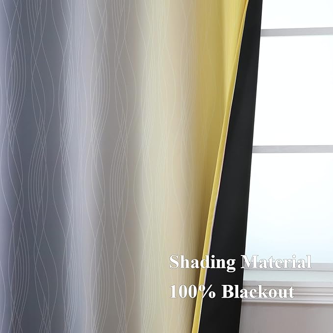 Estelar Textiler Yellow and Gray Blackout Curtains 96 Inches Long, Ombre Thermal Insulated Gradient Window Drapes for Bedroom, Full Light Blocking Curtains for Living Room,52x96 Inch, 2 Panels