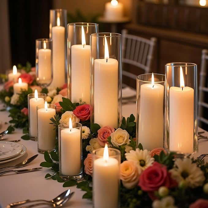 Homjoy 12 PCS White Pillar Candles with Glass Candle Holders Clear Hurricane Candle Holders Glass Cylinder Vases for Centerpieces Wedding Party, Event, Home Office (6 Candles+6 Candle Hoders)