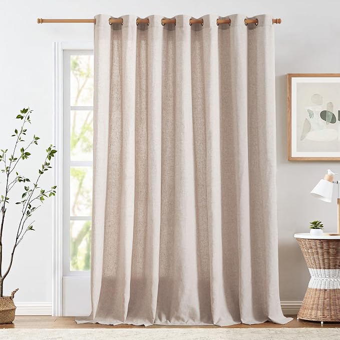 jinchan Linen Curtain 96 Inches Long for Sliding Glass Door, Extra Wide 100 Inch Farmhouse Semi Sheer Ceiling Curtain Living Room Light Filtering Grommet Farmhouse Rustic Taupe Drape, 100"x96" 1 Panel